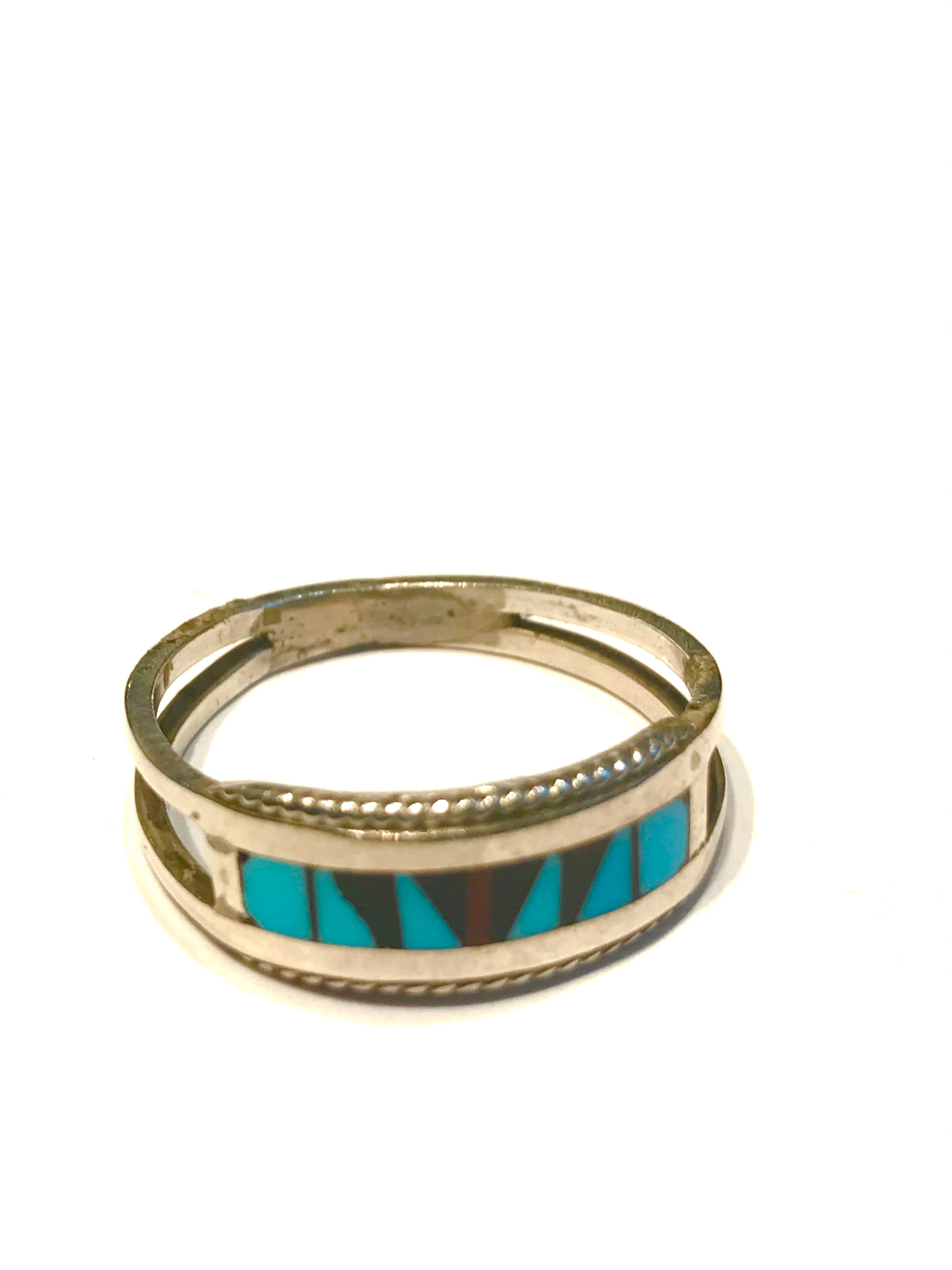 Sterling silver turquoise ring and inlaid jet and coral