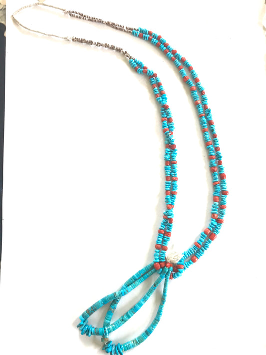 Long turquoise and coral necklace