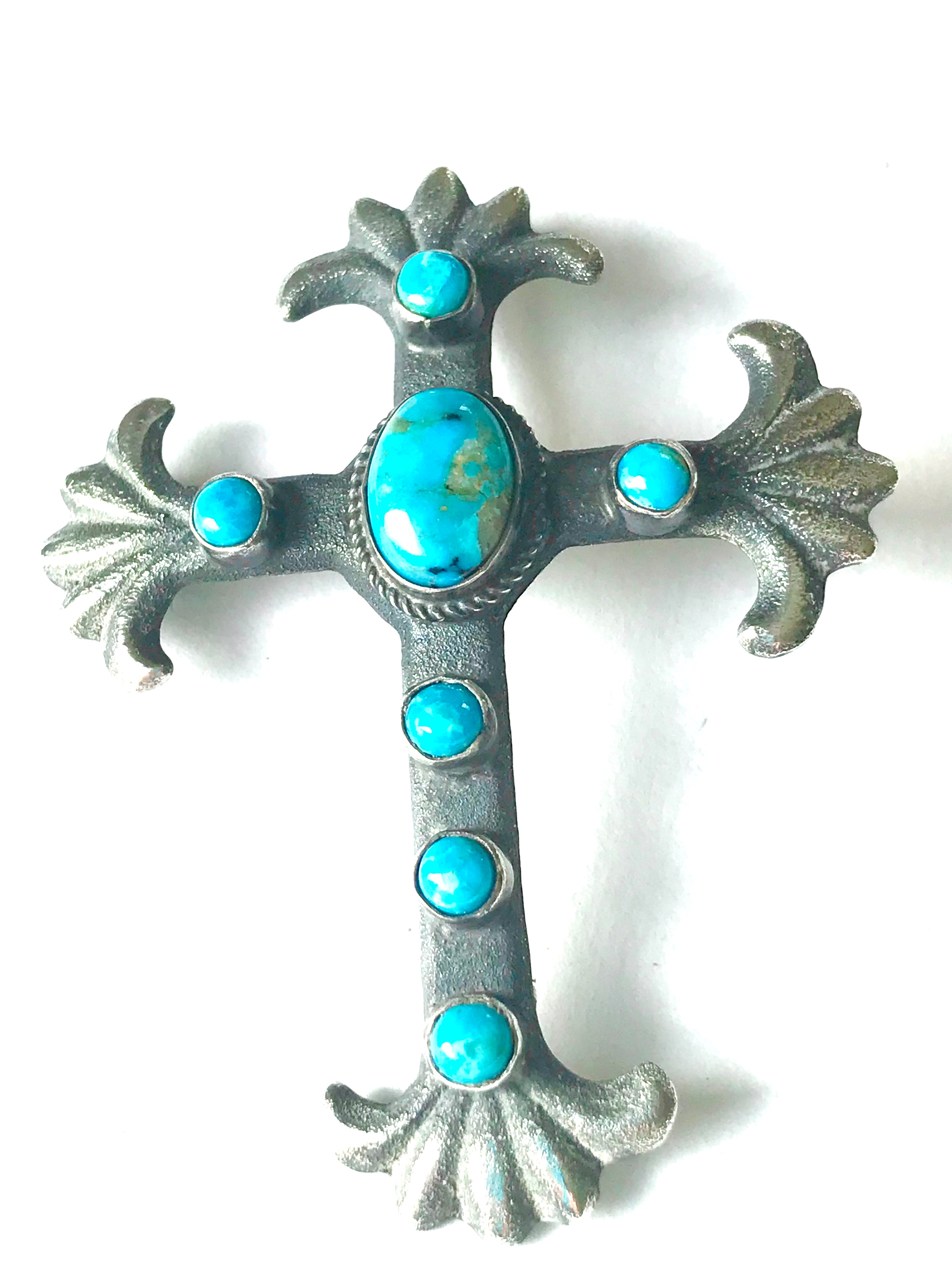 Turquoise cross pendent sand cast sterling silver