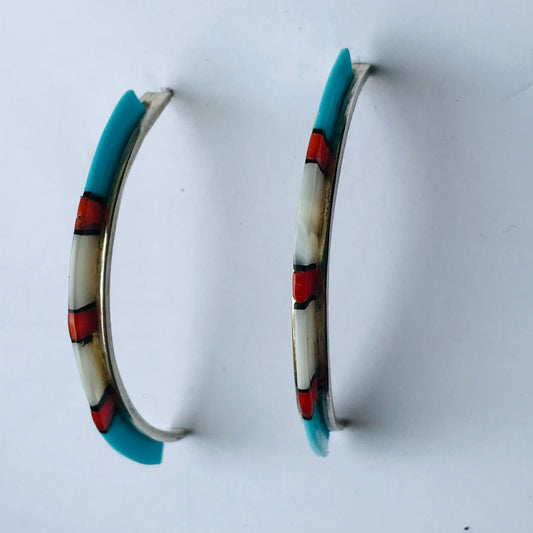 Medium inlaid turquoise , shell hoop earring