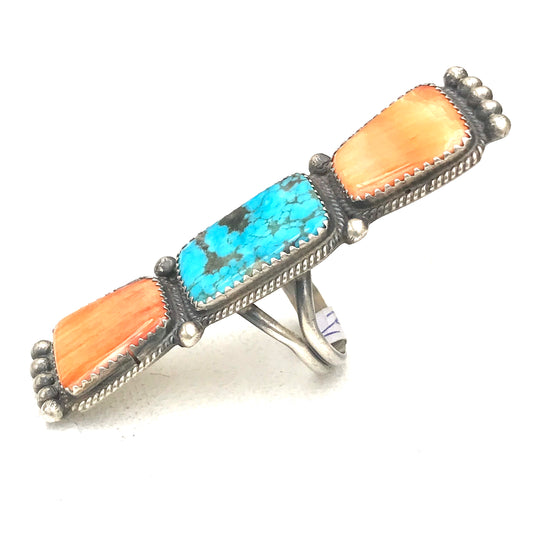 Spiny and turquoise sterling silver long ring