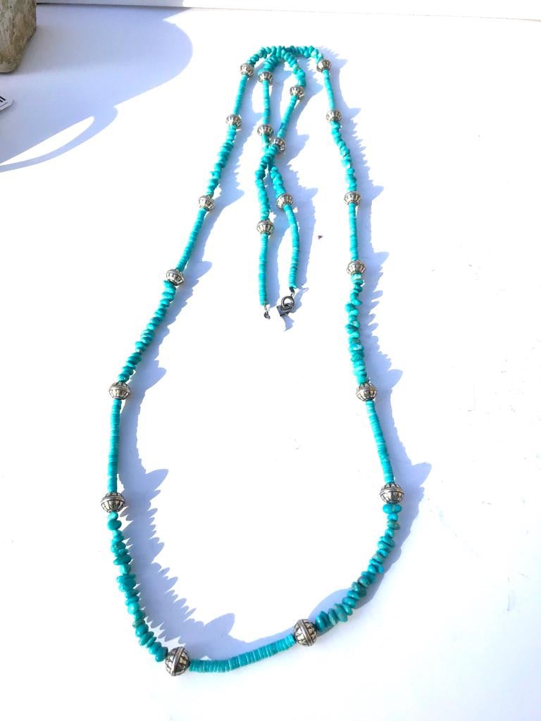 Natural Nugget Long Turquoise Strand with Silver Conchos
