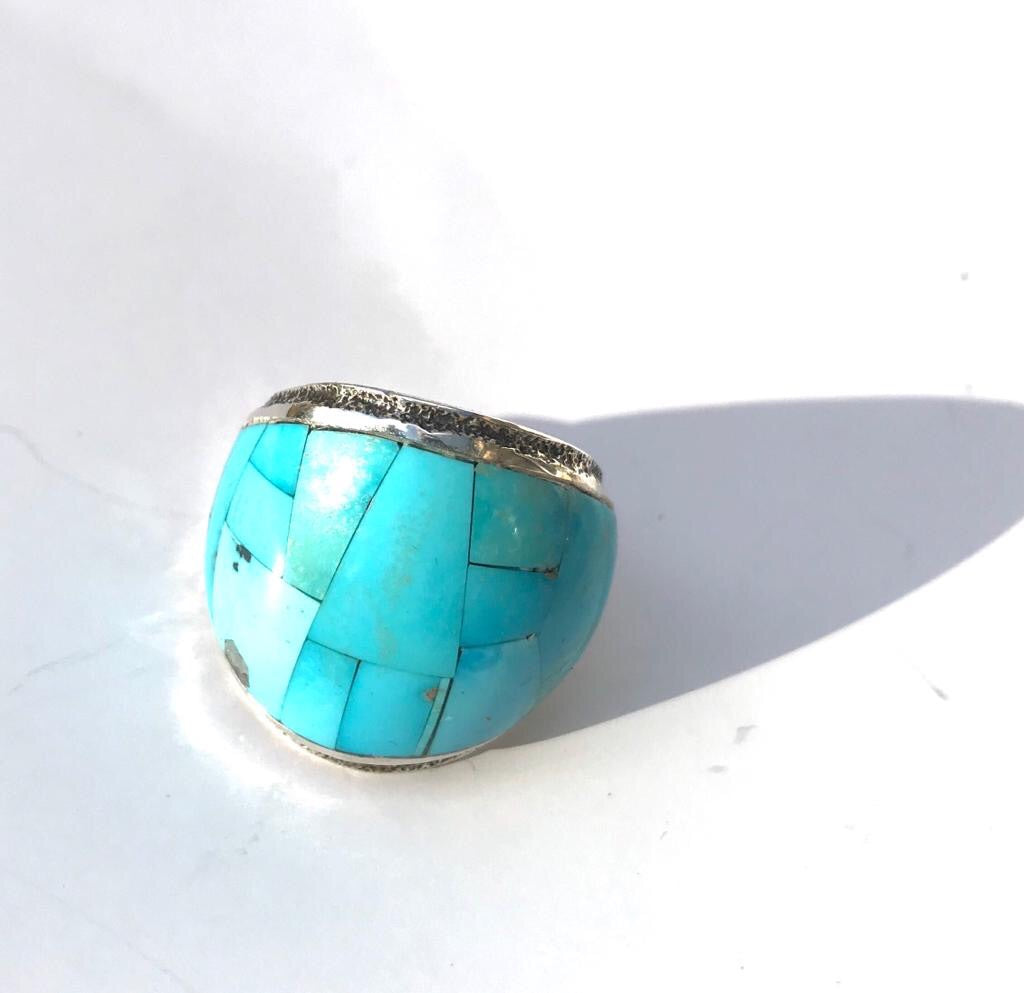 Sand cast  Inlay Sleeping Beauty Turquoise Ring