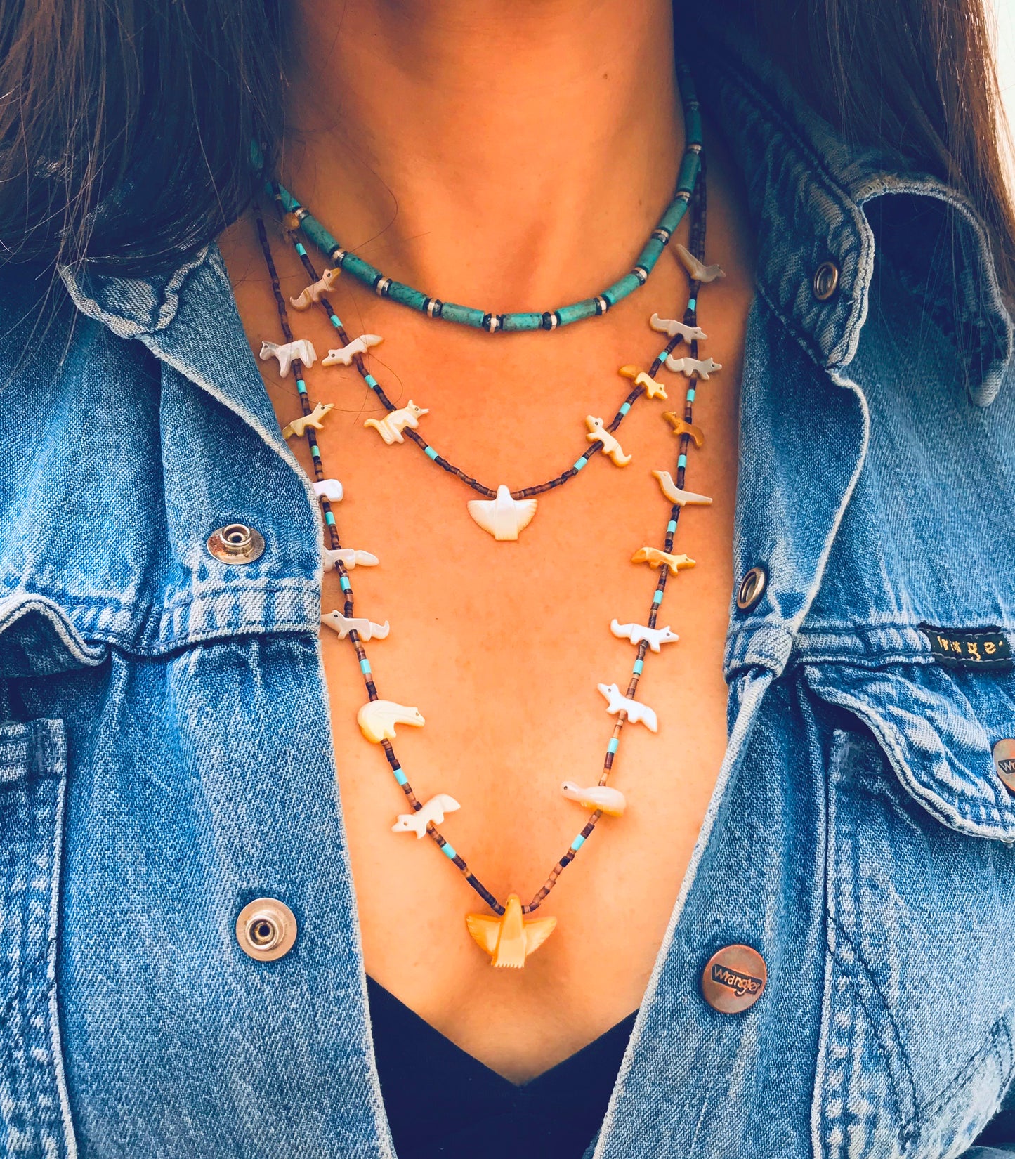 New Mother of pearl/ turquoise long power animal necklace